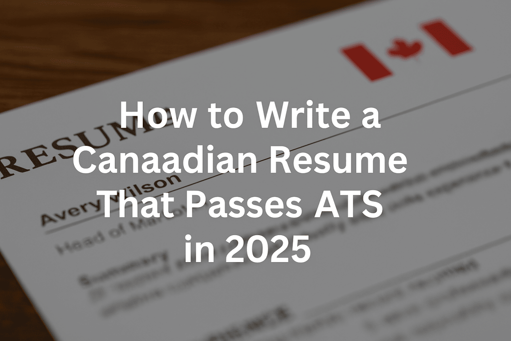 Horizontal blog header with centered text: ‘How to Write a Canadian Resume That Passes ATS in 2025’. Minimalistic professional background in blue and grey tones with subtle office elements like a laptop and documents, giving a clean and corporate look.