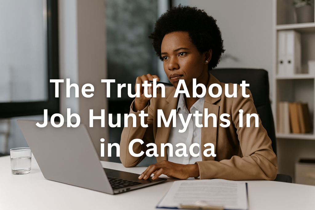 Horizontal blog header with the text ‘The Truth About Job Hunt Myths in Canada’ over a desk photo featuring a laptop, resume, and coffee cup. Professional blue-grey tones.