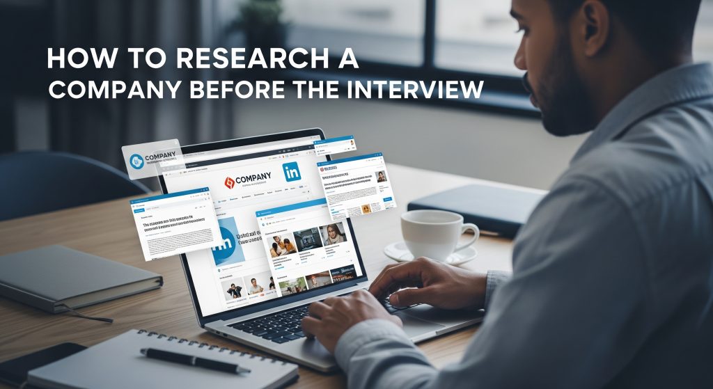 A person at a modern desk researching on a laptop and a tablet. The laptop screen displays a company's website, a LinkedIn profile, and a news article. The image has the title "HOW TO RESEARCH A COMPANY BEFORE THE INTERVIEW" in the top left corner.