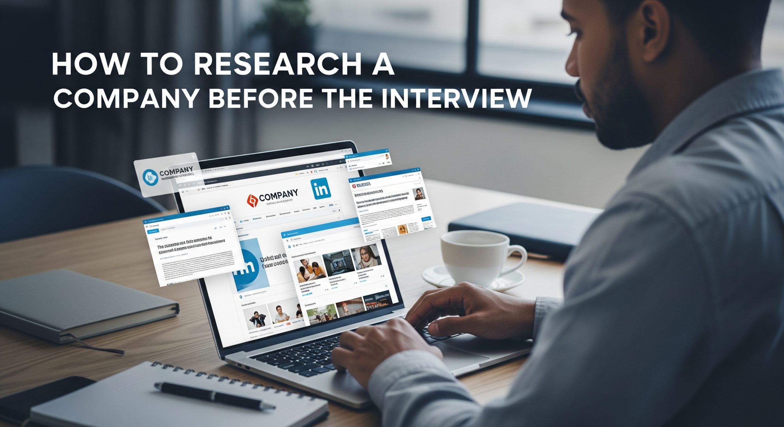 A person at a modern desk researching on a laptop and a tablet. The laptop screen displays a company's website, a LinkedIn profile, and a news article. The image has the title "HOW TO RESEARCH A COMPANY BEFORE THE INTERVIEW" in the top left corner.