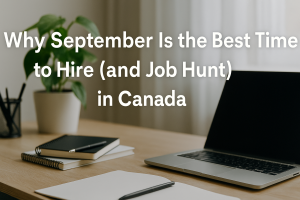 a photo of professionals in a modern Canadian office, with autumn leaves visible through large windows. Clean design in blue and orange tones, symbolizing September hiring season.