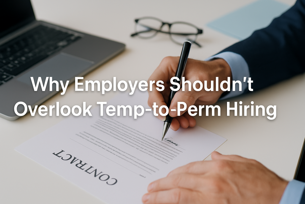 A close-up of a professional signing a contract at a desk with a laptop and glasses nearby, overlaid with the title ‘Why Employers Shouldn’t Overlook Temp-to-Perm Hiring.
