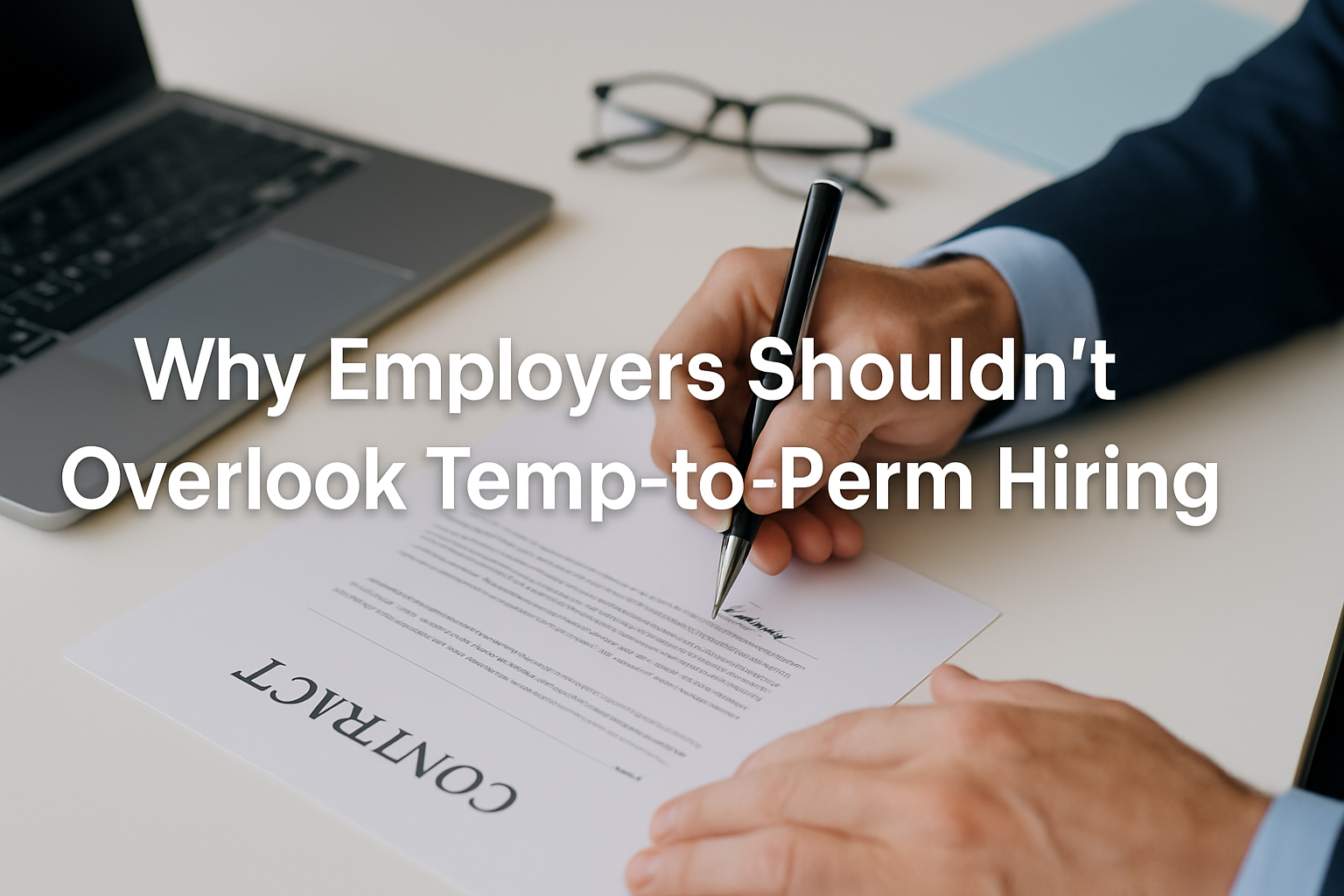 A close-up of a professional signing a contract at a desk with a laptop and glasses nearby, overlaid with the title ‘Why Employers Shouldn’t Overlook Temp-to-Perm Hiring.