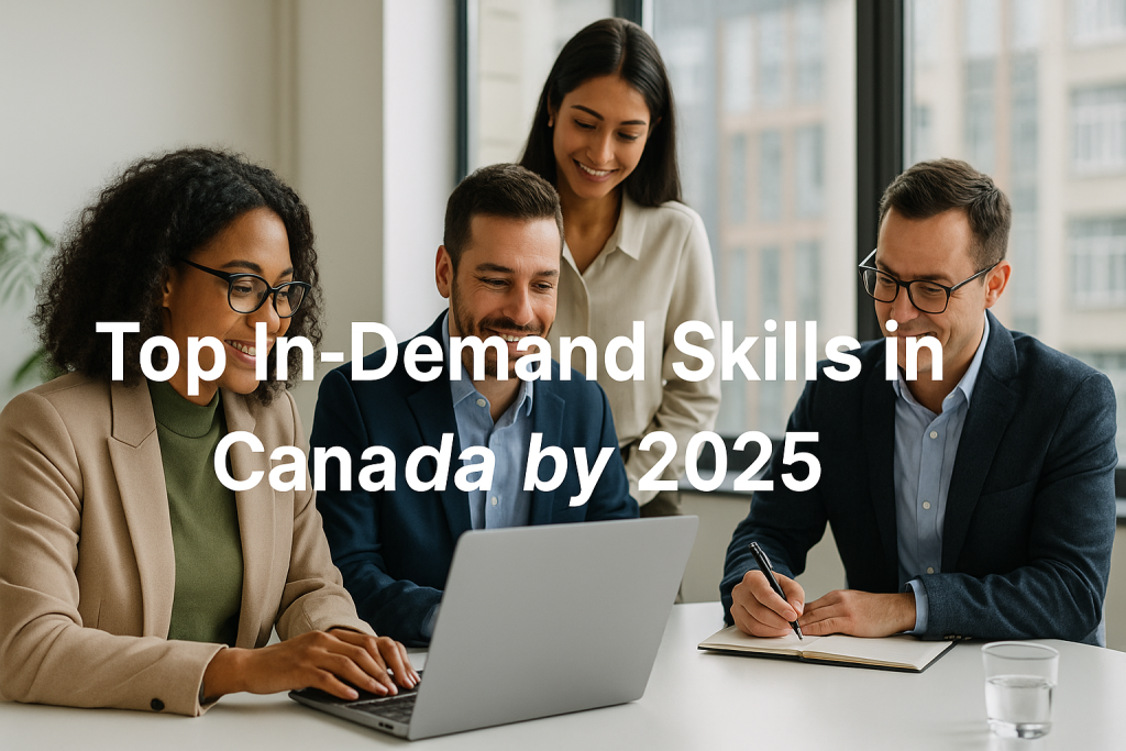 A group of four diverse professionals collaborate in a modern office, with centered overlay text that reads ‘Top In-Demand Skills in Canada by 2025.