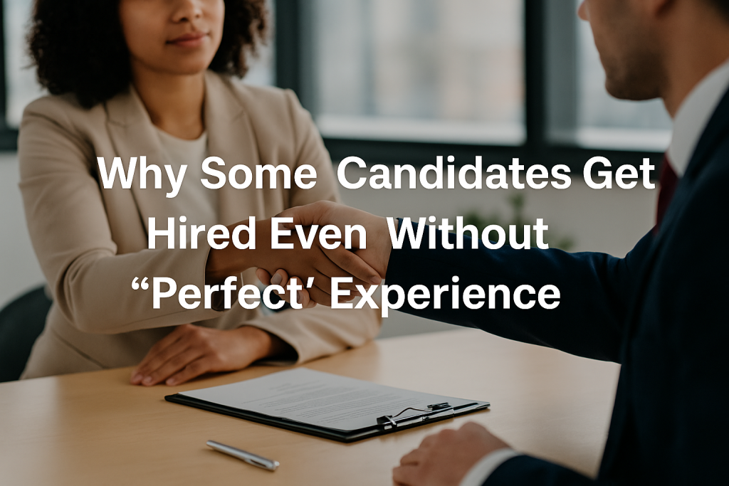 A group of professionals in a modern office with centered text that reads ‘Why Some Candidates Get Hired Even Without Perfect Experience.’