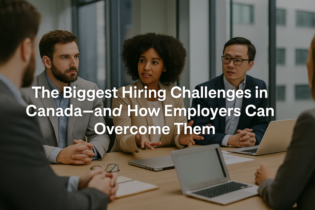 Employers reviewing résumés in a modern office with centered text overlay that reads ‘The Biggest Hiring Challenges in Canada.’