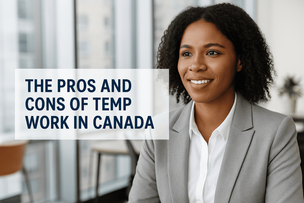 a photo of a professionally dressed worker reviewing a resume at a modern office desk with a laptop and coffee cup. Clean design with subtle Canadian tones.