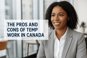 a photo of a professionally dressed worker reviewing a resume at a modern office desk with a laptop and coffee cup. Clean design with subtle Canadian tones.