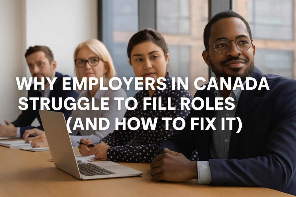 a photo of four diverse employers — two men and two women of different ethnicities — seated at a conference table in a modern Canadian office, reviewing resumes to fill roles