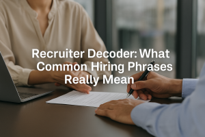 A professional office setting with two people reviewing a document at a table, representing a recruiter and candidate conversation. Overlaid centered text reads: “Recruiter Decoder: What Common Hiring Phrases Really Mean.”