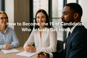 A confident candidate in a suit meets with two recruiters in a modern, bright Canadian office. The centered text overlay reads: “How to Become the 1% of Candidates Who Actually Get Hired.”