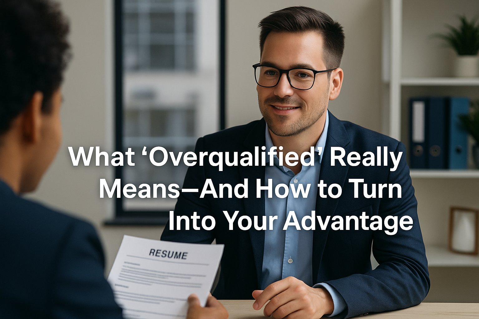 A confident professional reviewing their résumé with a recruiter in a modern Canadian office, symbolizing how “overqualified” candidates can reframe their experience for success.