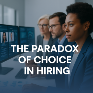 A modern Canadian hiring team reviewing multiple candidate profiles on screens, representing the paradox of choice in recruitment.