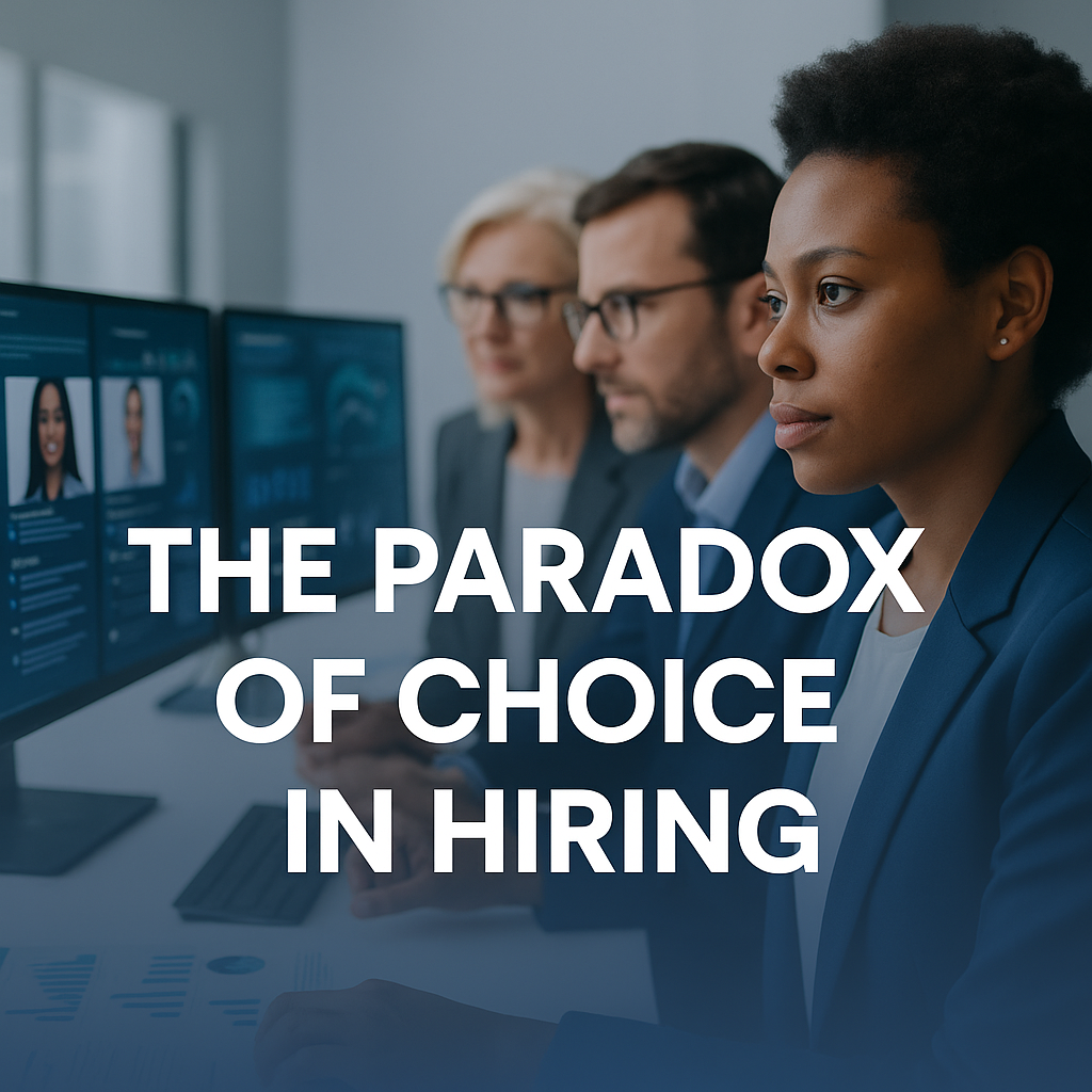 A modern Canadian hiring team reviewing multiple candidate profiles on screens, representing the paradox of choice in recruitment.
