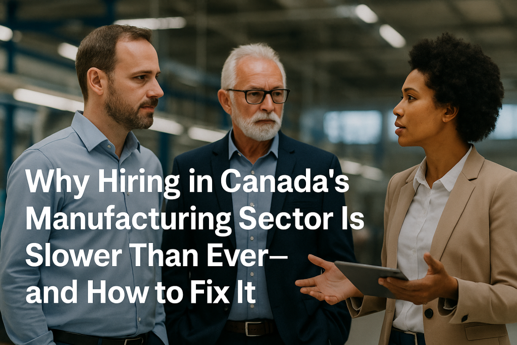 Three manufacturing professionals in discussion inside a factory setting, with the article title “Why Hiring in Canada’s Manufacturing Sector Is Slower Than Ever,and How to Fix It” overlaid in bold white text.