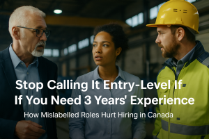 A photograph of three professionals in a manufacturing facility having a serious discussion. The blog title “Stop Calling It Entry-Level If You Need 3 Years’ Experience – How Mislabelled Roles Hurt Hiring in Canada” appears overlaid in bold white text.