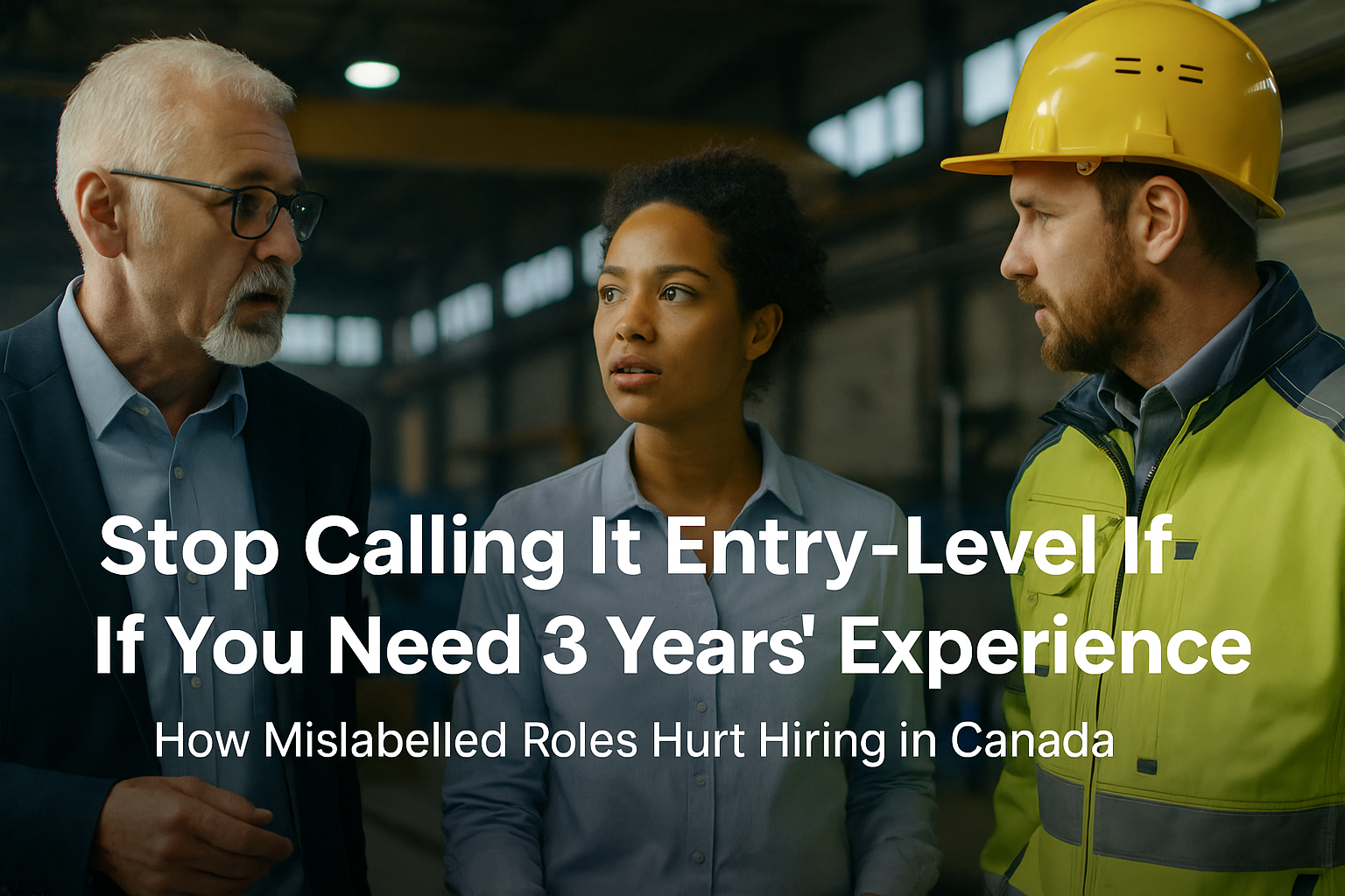 A photograph of three professionals in a manufacturing facility having a serious discussion. The blog title “Stop Calling It Entry-Level If You Need 3 Years’ Experience – How Mislabelled Roles Hurt Hiring in Canada” appears overlaid in bold white text.