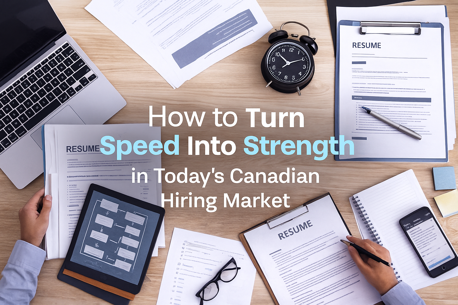 A horizontal image showing three professionals in a manufacturing facility reviewing documents and discussing workflow, with overlaid text that reads “How to Turn Speed Into Strength.”