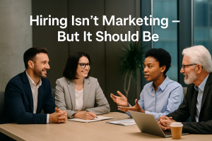 A professional team in a modern office during a collaborative hiring meeting, symbolizing how recruitment and branding work together in Canadian companies.