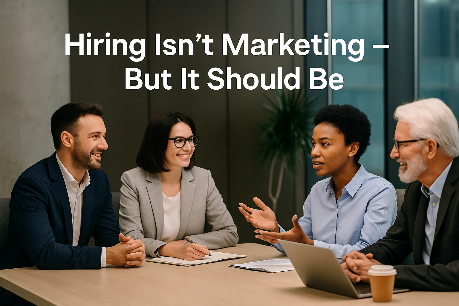 A professional team in a modern office during a collaborative hiring meeting, symbolizing how recruitment and branding work together in Canadian companies.