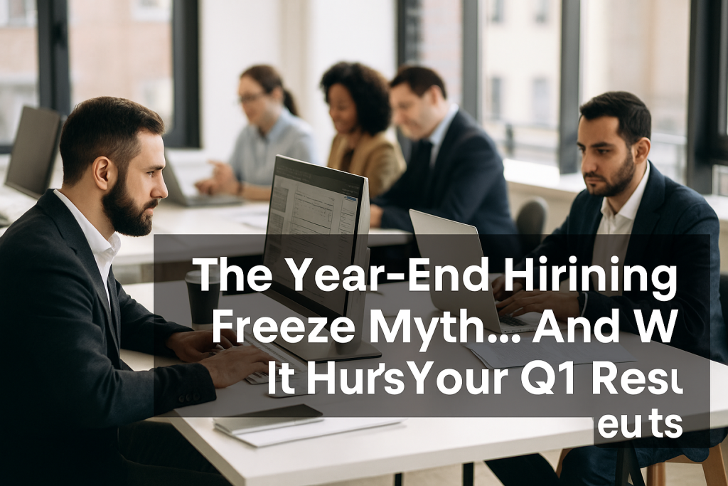 professionals working in a modern office, with overlaid text reading “The Year-End Hiring Freeze Myth… And Why It Hurts Your Q1 Results.”
