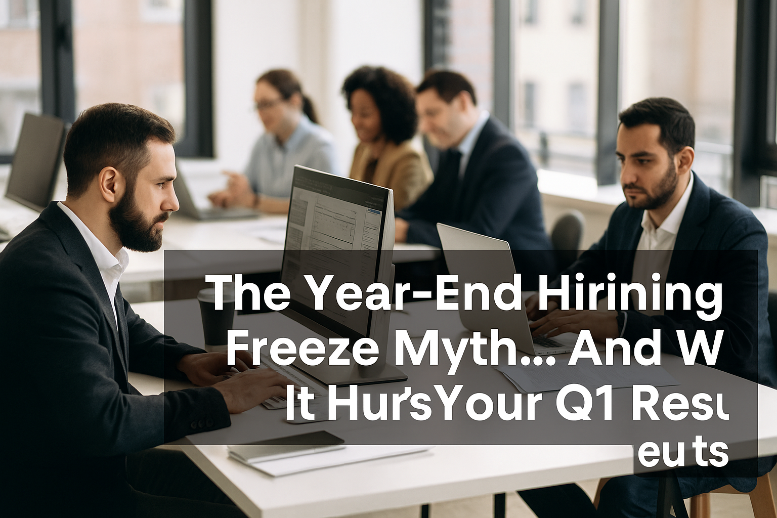 professionals working in a modern office, with overlaid text reading “The Year-End Hiring Freeze Myth… And Why It Hurts Your Q1 Results.”